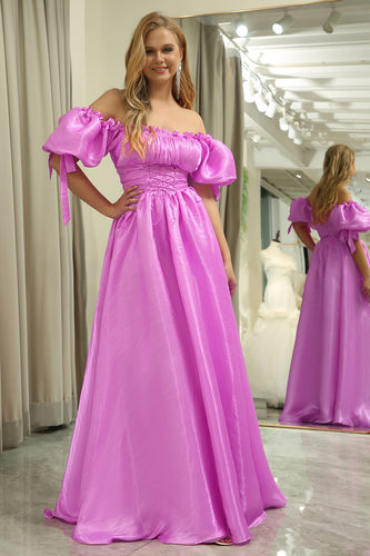 Convertible Fuchsia A Line Off the Shoulder Long Prom Dress