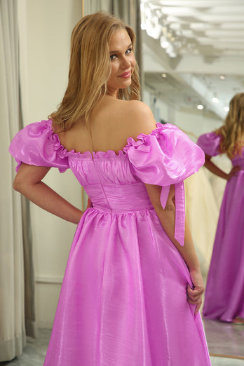 Convertible Fuchsia A Line Off the Shoulder Long Prom Dress