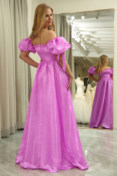 Convertible Fuchsia A Line Off the Shoulder Long Prom Dress