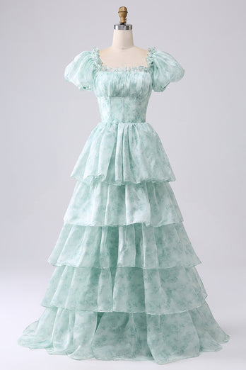 Light Blue A Line Square Neck Long Tiered Prom Dress With Short Sleeves