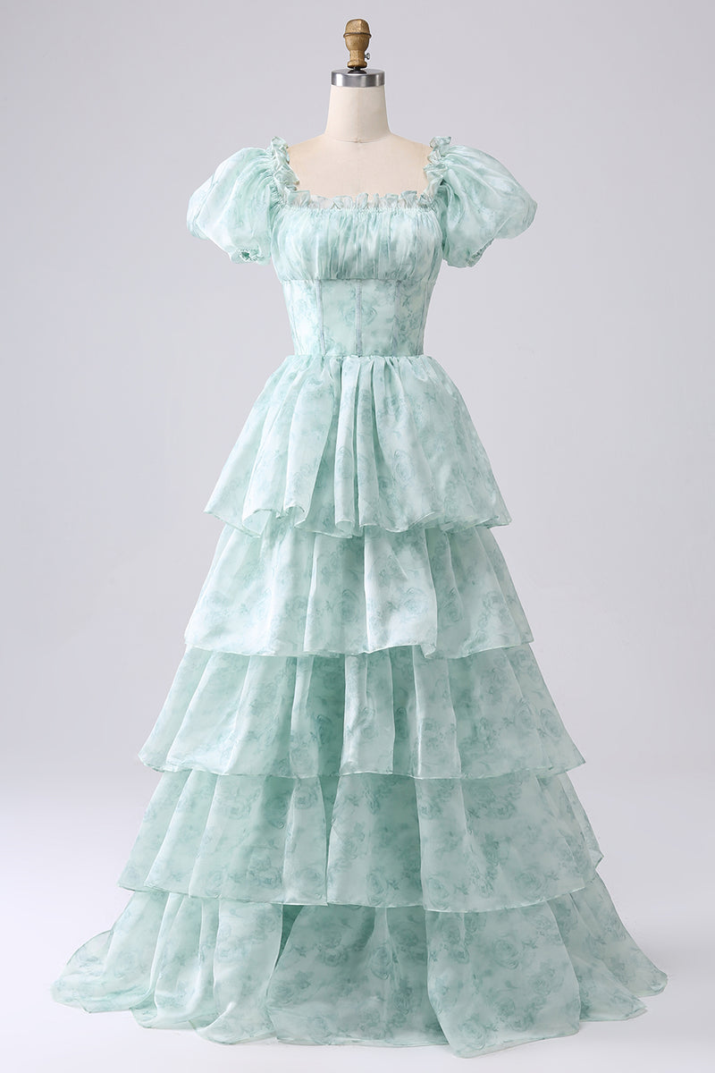 Load image into Gallery viewer, Light Blue A Line Square Neck Long Tiered Prom Dress With Short Sleeves