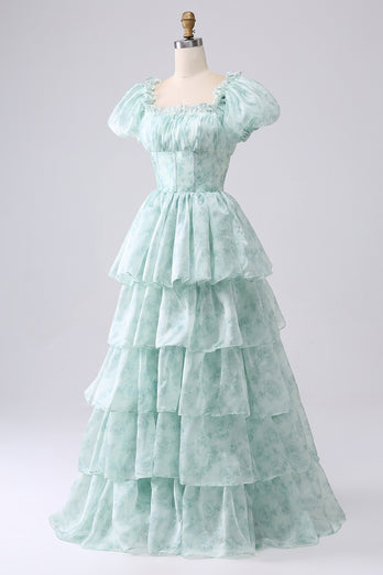 Light Blue A Line Square Neck Long Tiered Prom Dress With Short Sleeves