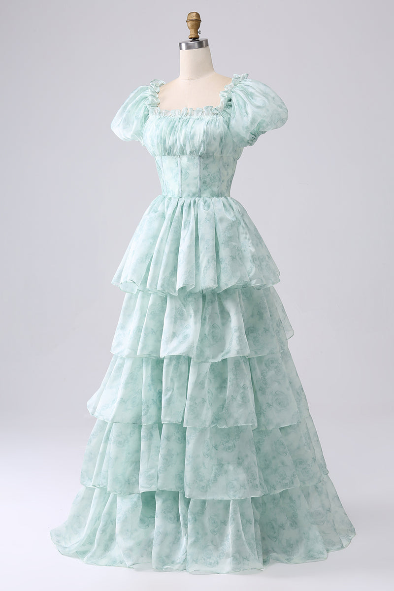 Load image into Gallery viewer, Light Blue A Line Square Neck Long Tiered Prom Dress With Short Sleeves