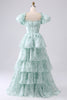Load image into Gallery viewer, Light Blue A Line Square Neck Long Tiered Prom Dress With Short Sleeves