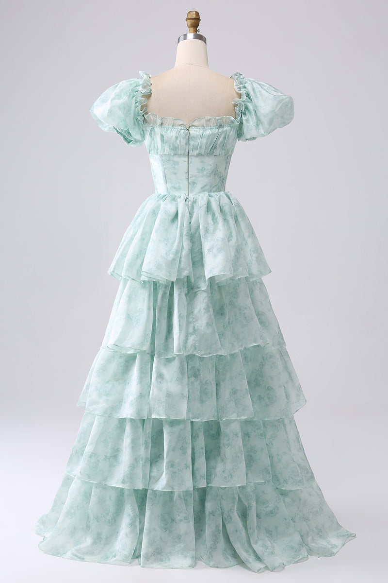 Load image into Gallery viewer, Light Blue A Line Square Neck Long Tiered Prom Dress With Short Sleeves