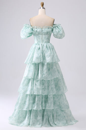 Light Blue A Line Square Neck Long Tiered Prom Dress With Short Sleeves
