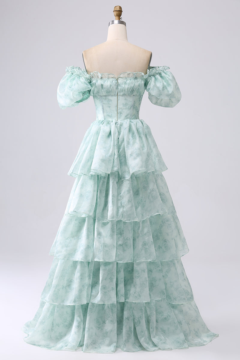 Load image into Gallery viewer, Light Blue A Line Square Neck Long Tiered Prom Dress With Short Sleeves