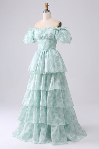 Light Blue A Line Square Neck Long Tiered Prom Dress With Short Sleeves