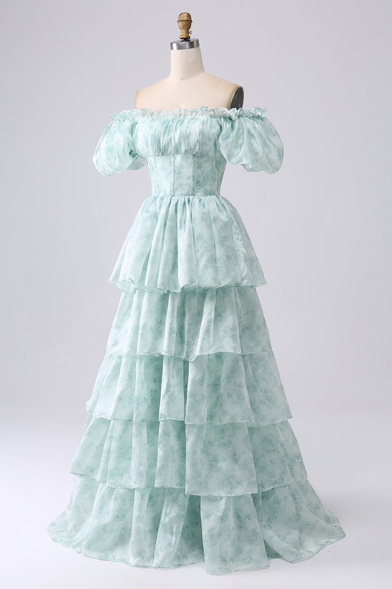 Load image into Gallery viewer, Light Blue A Line Square Neck Long Tiered Prom Dress With Short Sleeves