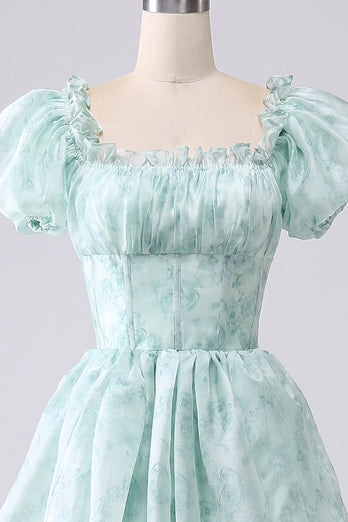Light Blue A Line Square Neck Long Tiered Prom Dress With Short Sleeves