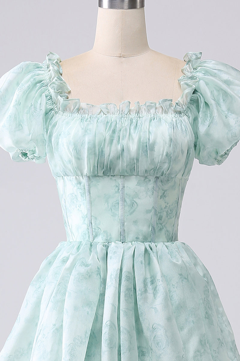 Load image into Gallery viewer, Light Blue A Line Square Neck Long Tiered Prom Dress With Short Sleeves