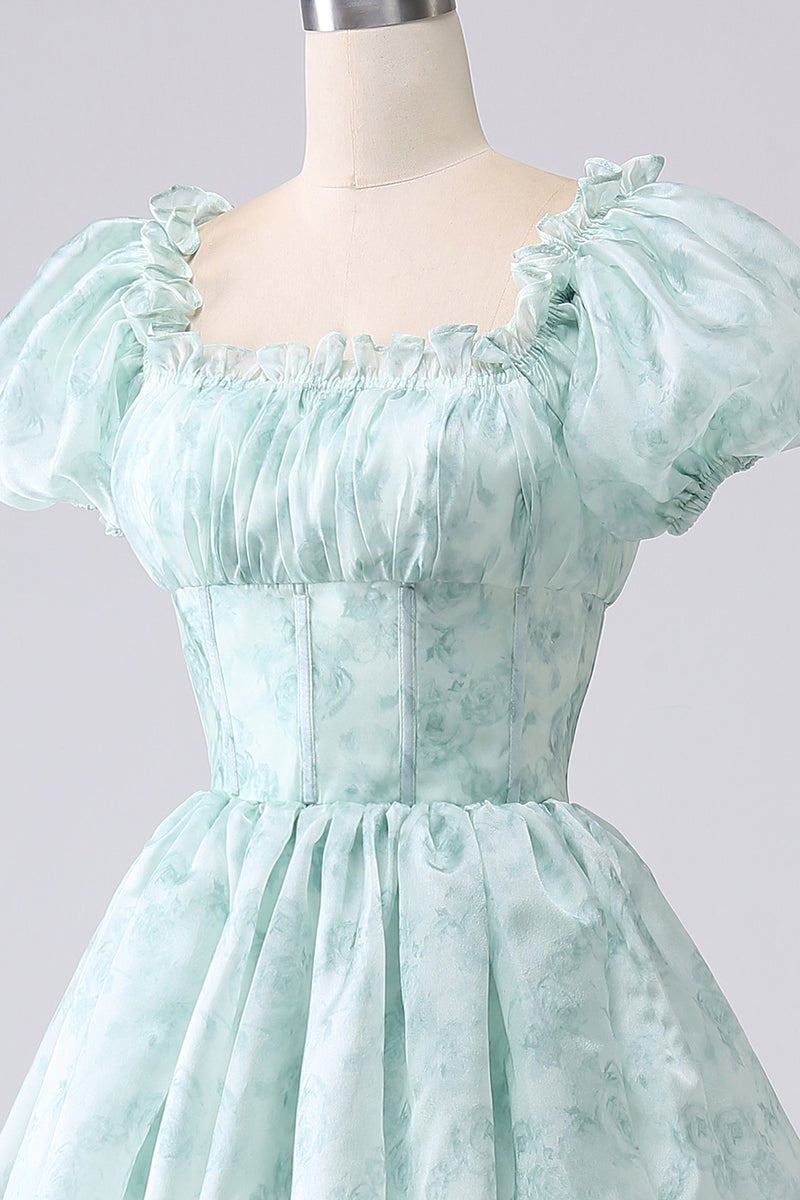 Load image into Gallery viewer, Light Blue A Line Square Neck Long Tiered Prom Dress With Short Sleeves