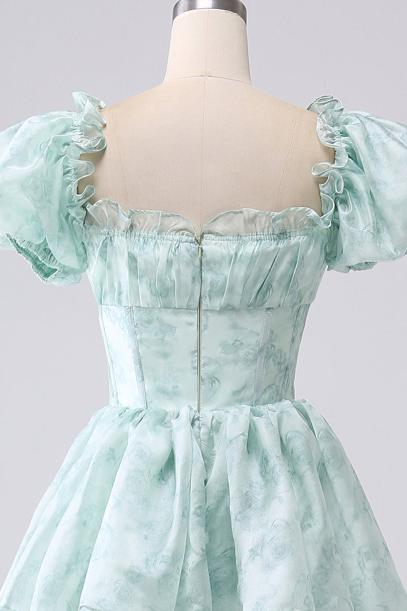 Load image into Gallery viewer, Light Blue A Line Square Neck Long Tiered Prom Dress With Short Sleeves