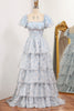 Load image into Gallery viewer, Light Blue A Line Square Neck Long Tiered Prom Dress With Short Sleeves