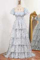 Load image into Gallery viewer, Light Blue A Line Square Neck Long Tiered Prom Dress With Short Sleeves