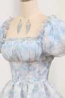 Load image into Gallery viewer, Light Blue A Line Square Neck Long Tiered Prom Dress With Short Sleeves