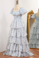 Load image into Gallery viewer, Light Blue A Line Square Neck Long Tiered Prom Dress With Short Sleeves