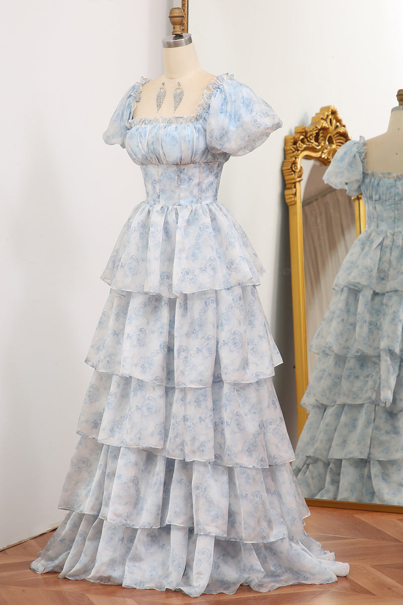Load image into Gallery viewer, Light Blue A Line Square Neck Long Tiered Prom Dress With Short Sleeves