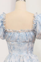 Load image into Gallery viewer, Light Blue A Line Square Neck Long Tiered Prom Dress With Short Sleeves