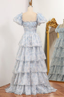 Load image into Gallery viewer, Light Blue A Line Square Neck Long Tiered Prom Dress With Short Sleeves