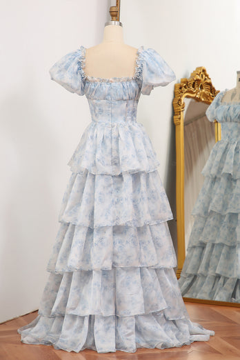 Light Blue A Line Square Neck Long Tiered Prom Dress With Short Sleeves