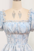 Load image into Gallery viewer, Light Blue A Line Square Neck Long Tiered Prom Dress With Short Sleeves