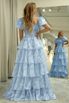 Light Blue A Line Floral Long Tiered Prom Dress With Short Sleeves
