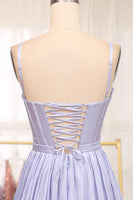 Load image into Gallery viewer, Lavender A Line Spaghetti Straps Tiered Long Corset Prom Dress With Slit