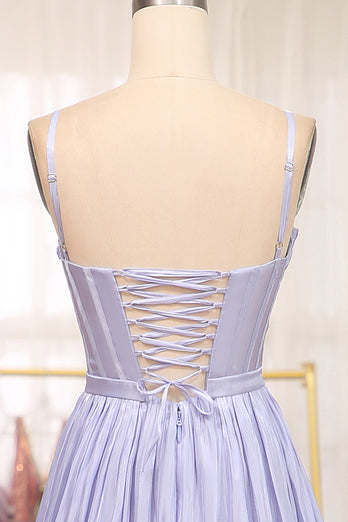 Lavender A Line Spaghetti Straps Tiered Long Corset Prom Dress With Slit
