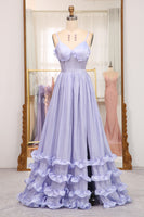 Load image into Gallery viewer, Lavender A Line Spaghetti Straps Tiered Long Corset Prom Dress With Slit