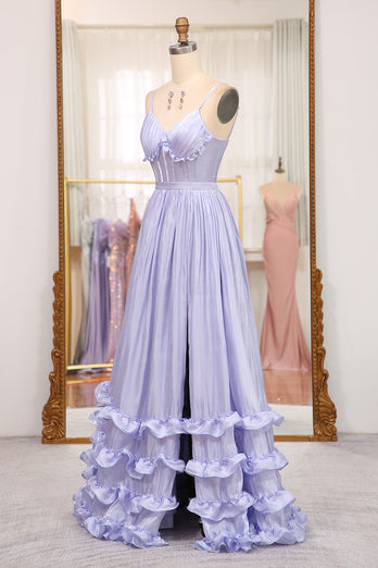 Lavender A Line Spaghetti Straps Tiered Long Corset Prom Dress With Slit