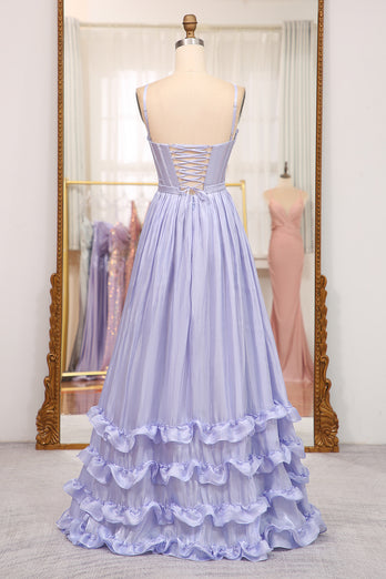 Lavender A Line Spaghetti Straps Tiered Long Corset Prom Dress With Slit