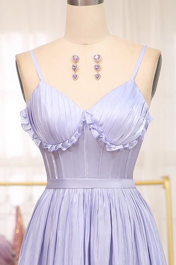 Lavender A Line Spaghetti Straps Tiered Long Corset Prom Dress With Slit