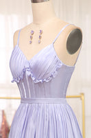 Load image into Gallery viewer, Lavender A Line Spaghetti Straps Tiered Long Corset Prom Dress With Slit