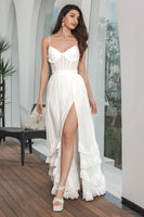 Load image into Gallery viewer, Simple White Ruffled Chiffon Corset Engagement Party Dress with Slit