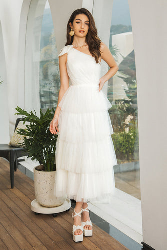 White One Shoulder Tiered Long Engagement Party Dress