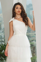 Load image into Gallery viewer, White One Shoulder Tiered Long Engagement Party Dress