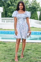 Load image into Gallery viewer, Light Blue A-Line Square Neck Short Homecoming Dress with Sleeves