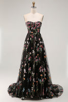 Load image into Gallery viewer, Floral Black Strapless A Line Long Prom Dress