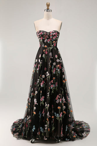 Floral Black Strapless A Line Long Prom Dress