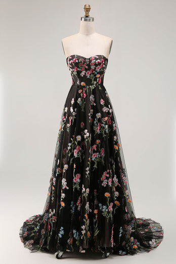 Floral Black Strapless A Line Long Prom Dress