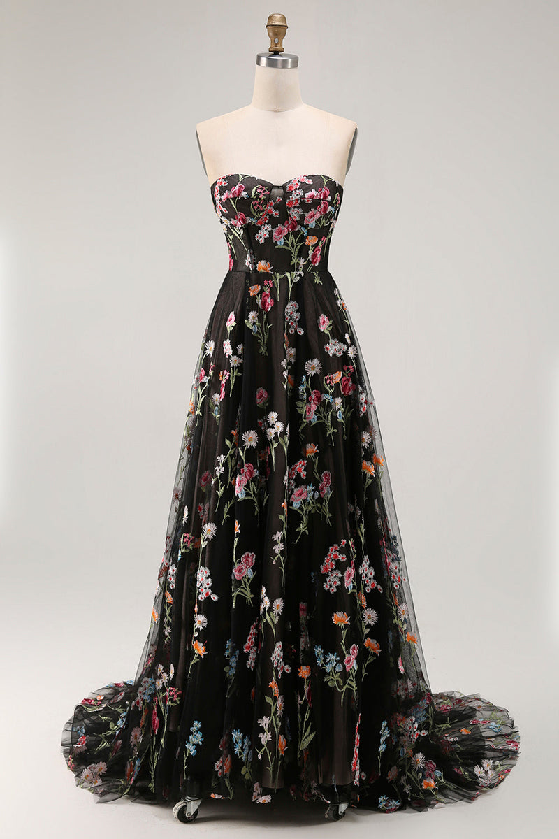 Load image into Gallery viewer, Floral Black Strapless A Line Long Prom Dress