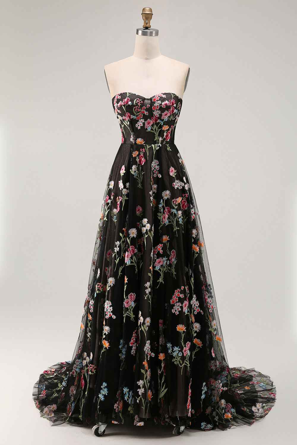 Floral Black Strapless A Line Long Prom Dress