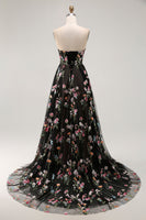 Load image into Gallery viewer, Floral Black Strapless A Line Long Prom Dress