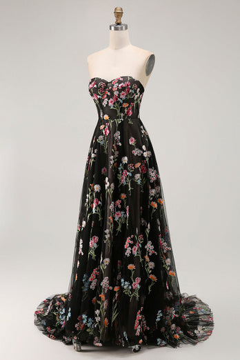 Floral Black Strapless A Line Long Prom Dress