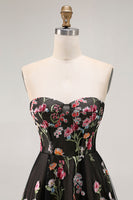 Load image into Gallery viewer, Floral Black Strapless A Line Long Prom Dress
