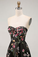 Load image into Gallery viewer, Floral Black Strapless A Line Long Prom Dress