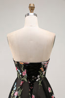 Load image into Gallery viewer, Floral Black Strapless A Line Long Prom Dress
