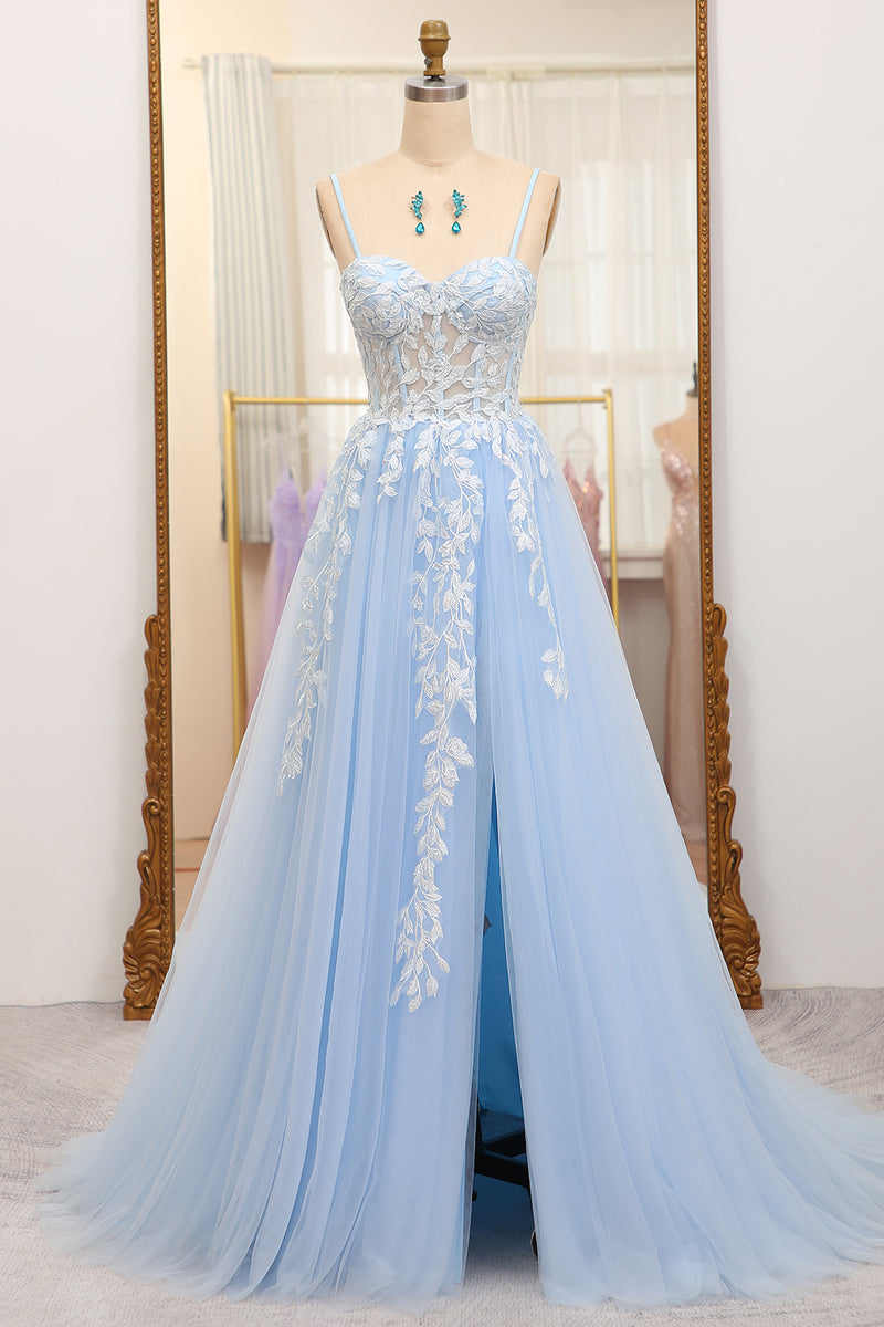 Load image into Gallery viewer, Sky Blue A Line Tulle Appliqued Long Corset Prom Dress With Front Slit