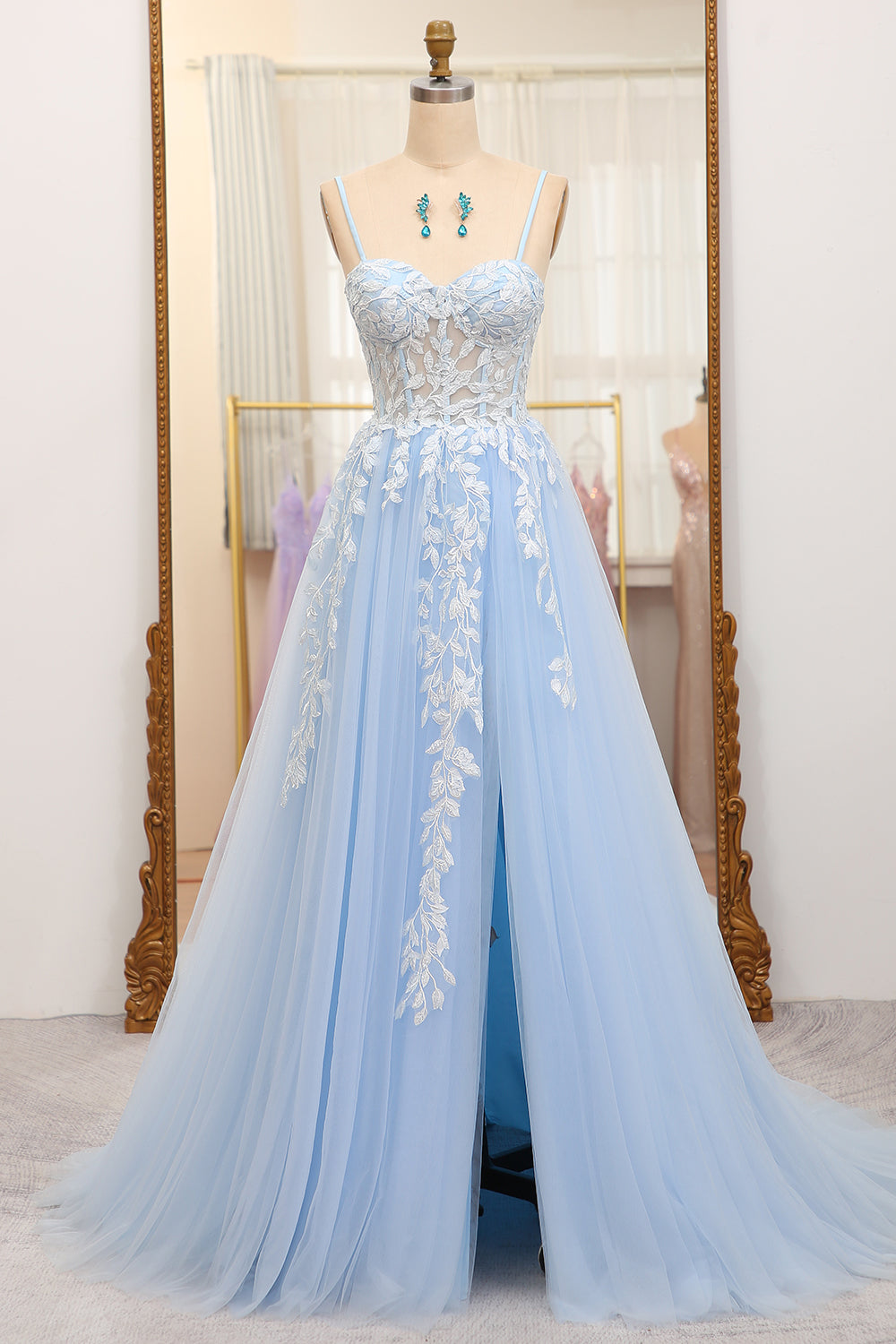 Sky Blue A Line Tulle Appliqued Long Corset Prom Dress With Front Slit